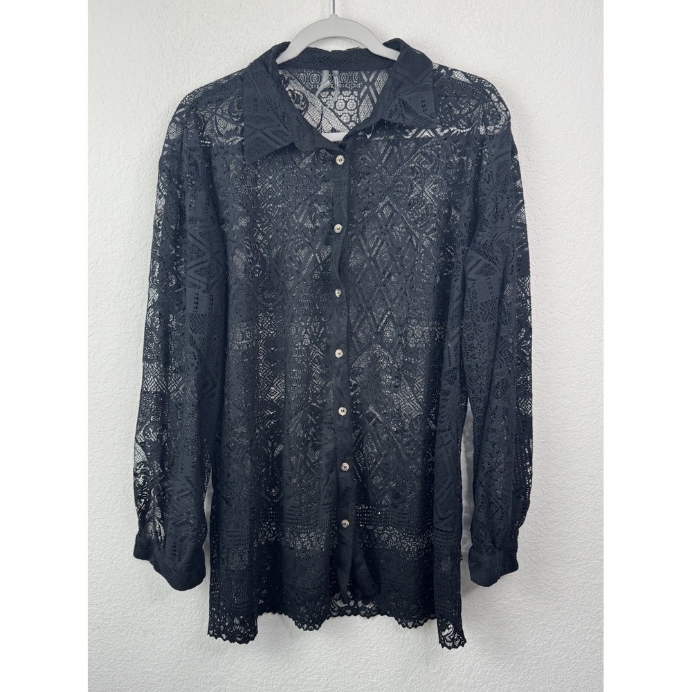 Anthropologie Sheer‎ Lace Button Down Shirt Top M Blouse Long Sleeve Boho Chic
